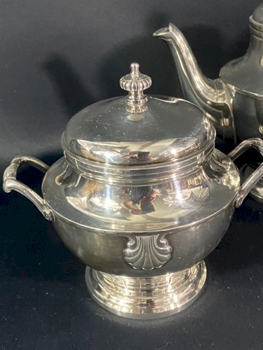 Service à thé café en métal argenté décor coquille Louis XV cafetière sucrier...