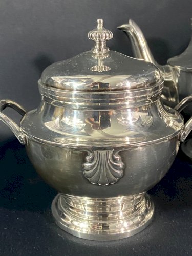 Service à thé café en métal argenté décor coquille Louis XV cafetière sucrier...