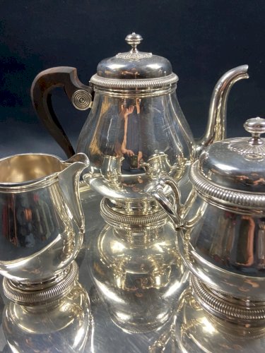 Service à thé café en métal argenté signé CHRISTOFLE modèle Malmaison plateau