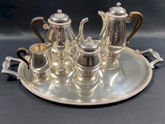 Service à thé café en métal argenté signé CHRISTOFLE modèle Malmaison plateau
