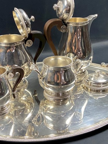 Service à thé café en métal argenté signé CHRISTOFLE modèle Malmaison plateau