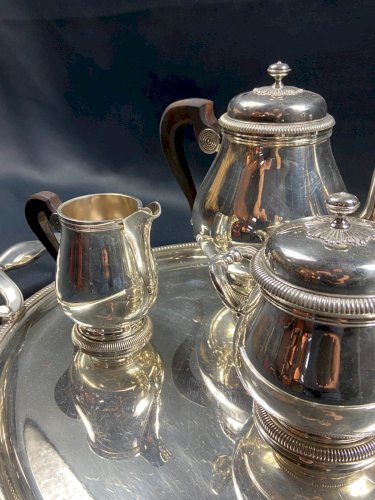Service à thé café en métal argenté signé CHRISTOFLE modèle Malmaison plateau