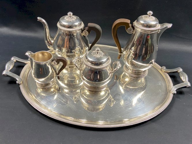 Service à thé café en métal argenté signé CHRISTOFLE modèle Malmaison plateau