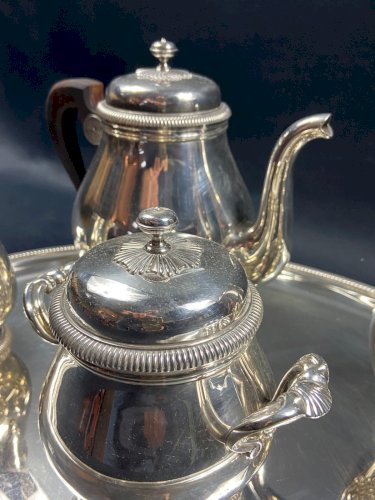 Service à thé café en métal argenté signé CHRISTOFLE modèle Malmaison plateau