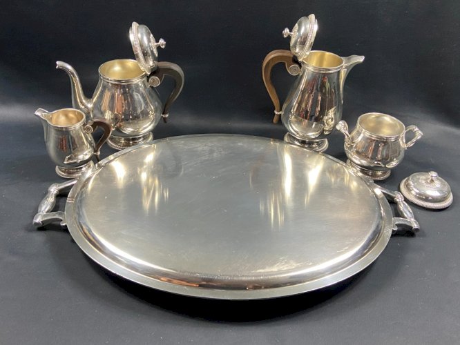 Service à thé café en métal argenté signé CHRISTOFLE modèle Malmaison plateau