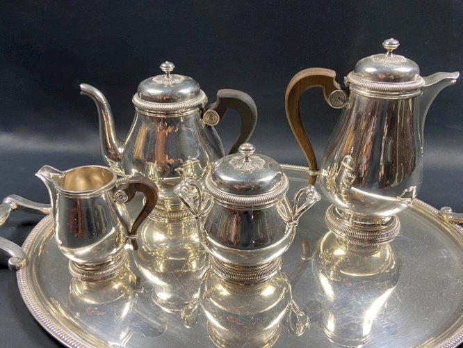 Service à thé café en métal argenté signé CHRISTOFLE modèle Malmaison plateau