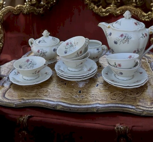 Service à thé café vintage Limoges France – 6 personnes – L’Art de la Table Marseille – Porcelaine fleurie – 15 pièces