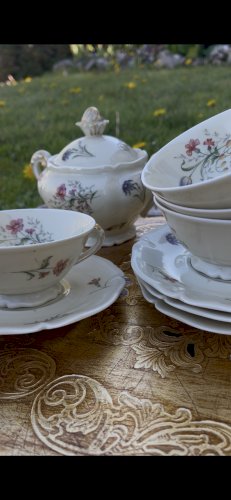Service à thé café vintage Limoges France – 6 personnes – L’Art de la Table Marseille – Porcelaine fleurie – 15 pièces