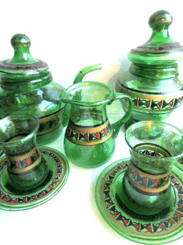 Service à thé d'Egypte en verre vert, 6 tasses, théière, sucrier, crémier
