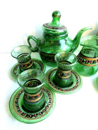 Service à thé d'Egypte en verre vert, 6 tasses, théière, sucrier, crémier