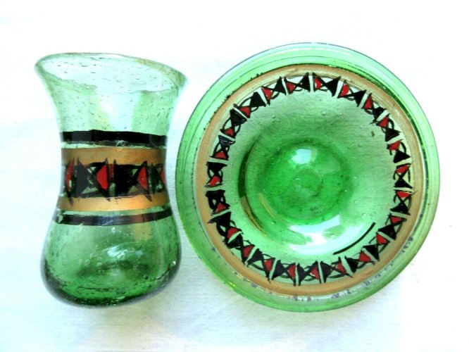 Service à thé d'Egypte en verre vert, 6 tasses, théière, sucrier, crémier