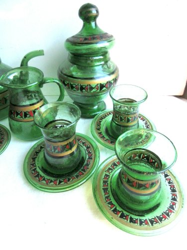 Service à thé d'Egypte en verre vert, 6 tasses, théière, sucrier, crémier