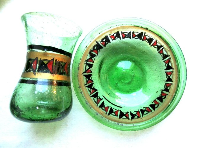 Service à thé d'Egypte en verre vert, 6 tasses, théière, sucrier, crémier