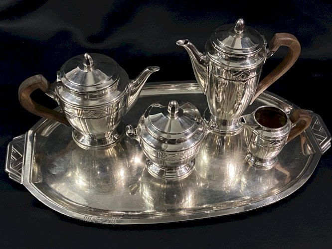 Service à thé et à café en métal argenté design Art déco avec plateau de service