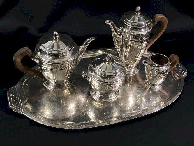 Service à thé et à café en métal argenté design Art déco avec plateau de service