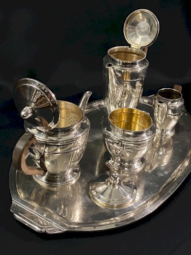 Service à thé et à café en métal argenté design Art déco avec plateau de service
