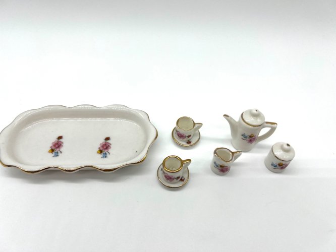 Service à thé miniature en porcelaine – Fabriqué à Taïwan – Décor floral et doru