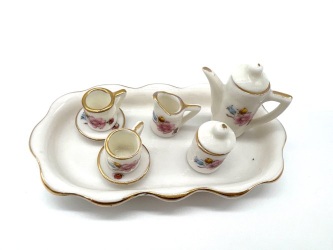 Service à thé miniature en porcelaine – Fabriqué à Taïwan – Décor floral et doru