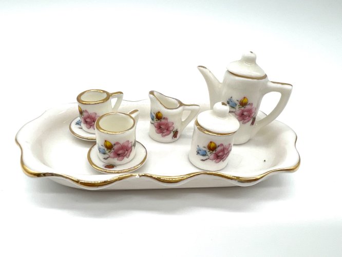 Service à thé miniature en porcelaine – Fabriqué à Taïwan – Décor floral et doru