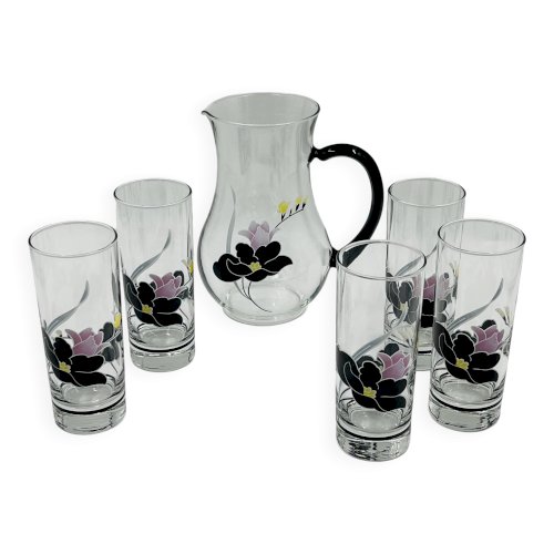 Service carafe et verres vintage décor floral