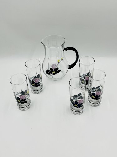 Service carafe et verres vintage décor floral