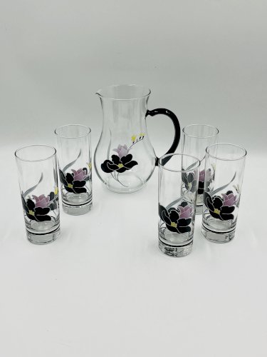 Service carafe et verres vintage décor floral