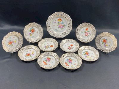 Service dessert porcelaine ajourée style Meissen Dresde Carl Thieme Postschappel