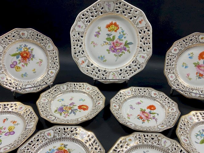 Service dessert porcelaine ajourée style Meissen Dresde Carl Thieme Postschappel