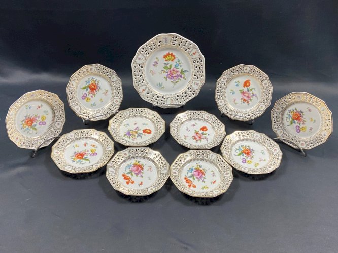 Service dessert porcelaine ajourée style Meissen Dresde Carl Thieme Postschappel