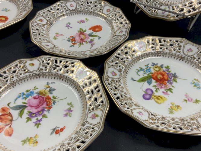 Service dessert porcelaine ajourée style Meissen Dresde Carl Thieme Postschappel