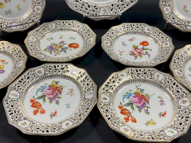 Service dessert porcelaine ajourée style Meissen Dresde Carl Thieme Postschappel