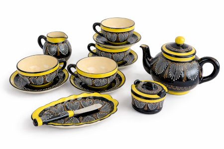 Henriot Quimper Breakfast Service Black Yellow 60s 4 Complete Cups