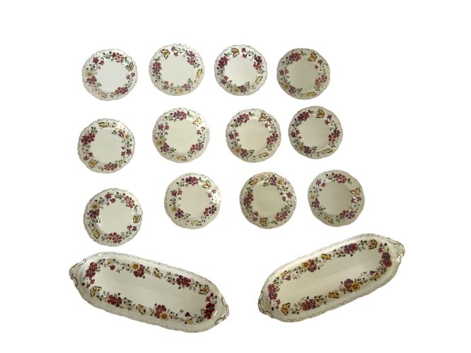 Service Zsolnay 12 assiettes dessert + 2 plats porcelaine fleurs papillons
