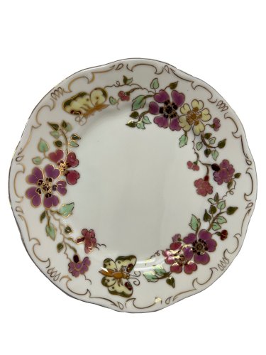 Service Zsolnay 12 assiettes dessert + 2 plats porcelaine fleurs papillons