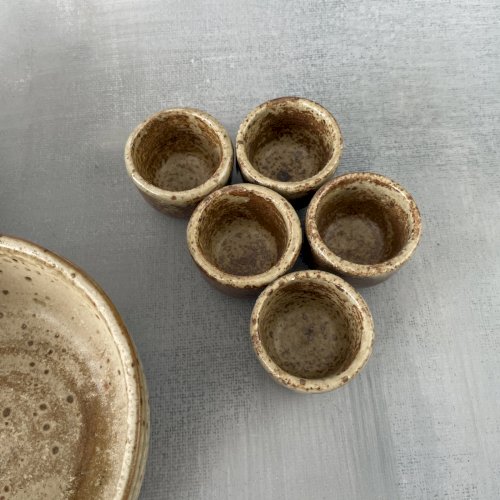 Serviteur 3 compartiments et 5 petits pots en grès vintage