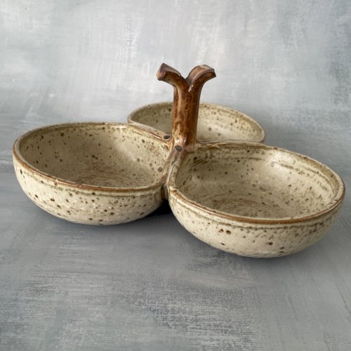 Serviteur 3 compartiments et 5 petits pots en grès vintage