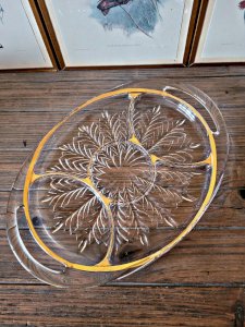 Vintage glass molded aperitif server with handles and gilding.