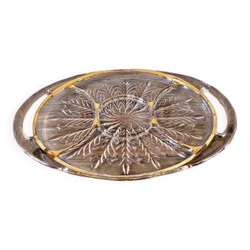 Serviteur apéritif à anses en verre moulé et dorure, vintage