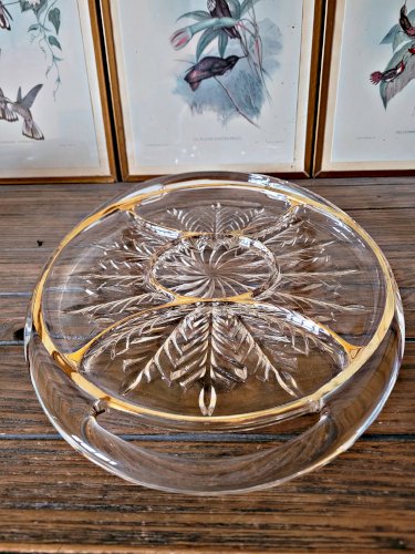 Serviteur apéritif à anses en verre moulé et dorure, vintage