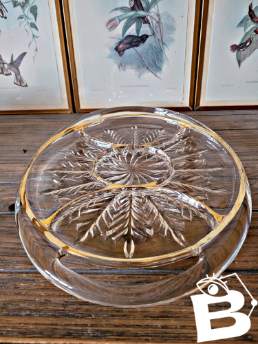 Serviteur apéritif à anses en verre moulé et dorure, vintage