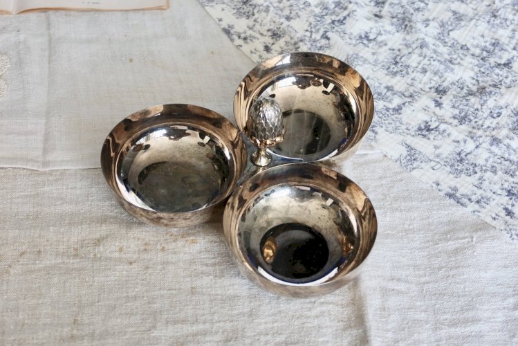 Serviteur vintage métal argenté – Triple coupelle ronde - Poignée gland