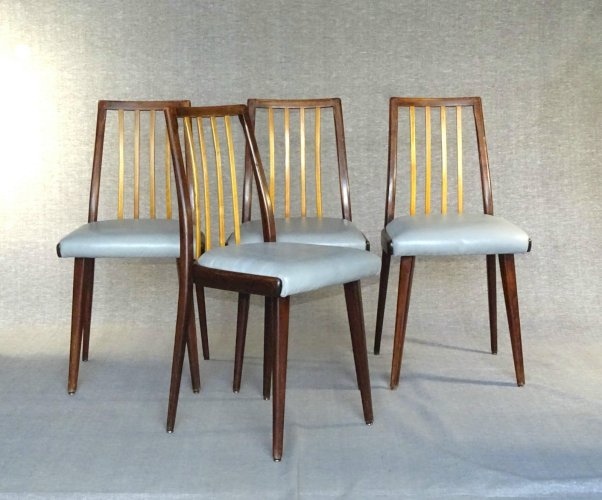 Set de 4 chaises bicolores Thonet 1960 assises cuir gris clair.
