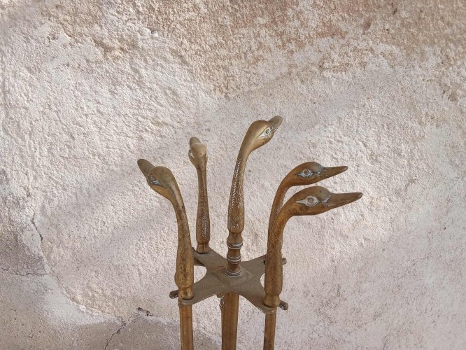 Set d’outils de cheminée vintage en laiton — Motif tête de canard 
