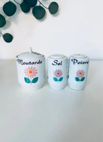 Set vintage sel poivre moutarde Porcelaine des Tuileries années 70