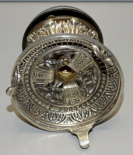 -SONNETTE XIXe de COMPTOIR ou de TABLE PIED ARGENT MINERVE CLOCHE ARGENTEE  D