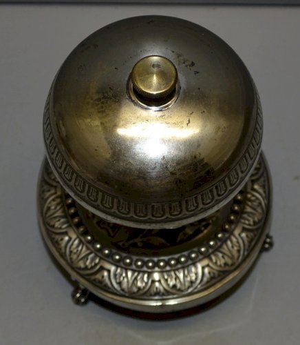 -SONNETTE XIXe de COMPTOIR ou de TABLE PIED ARGENT MINERVE CLOCHE ARGENTEE  D
