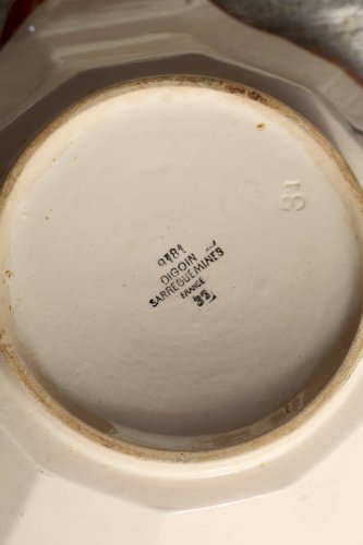 Soupière ancienne en faïence rose - Décor fleuri rouge - Digoin