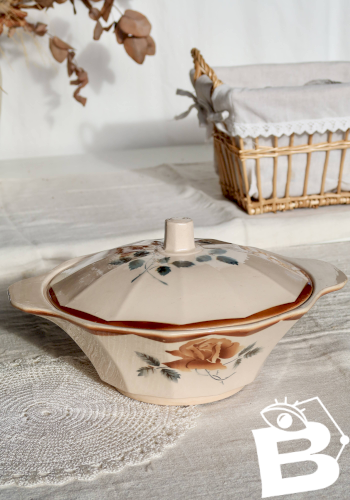 Soupière ancienne en faïence rose - Décor fleuri rouge - Digoin