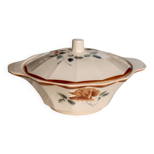 Soupière ancienne en faïence rose - Décor fleuri rouge - Digoin