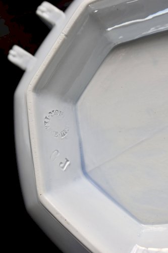 Soupière ancienne faïence Creil et Montereau motif Perle bleue